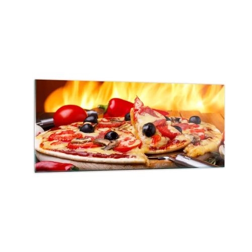 Cuadro sobre vidrio - Impresiones sobre Vidrio - Pizza con aceitunas, tomates y pimientos sobre un fondo de llamas - 120x50cm - Desde Italia con amor - Decoración de pared moderna para salón y dormitorio ARTTOR