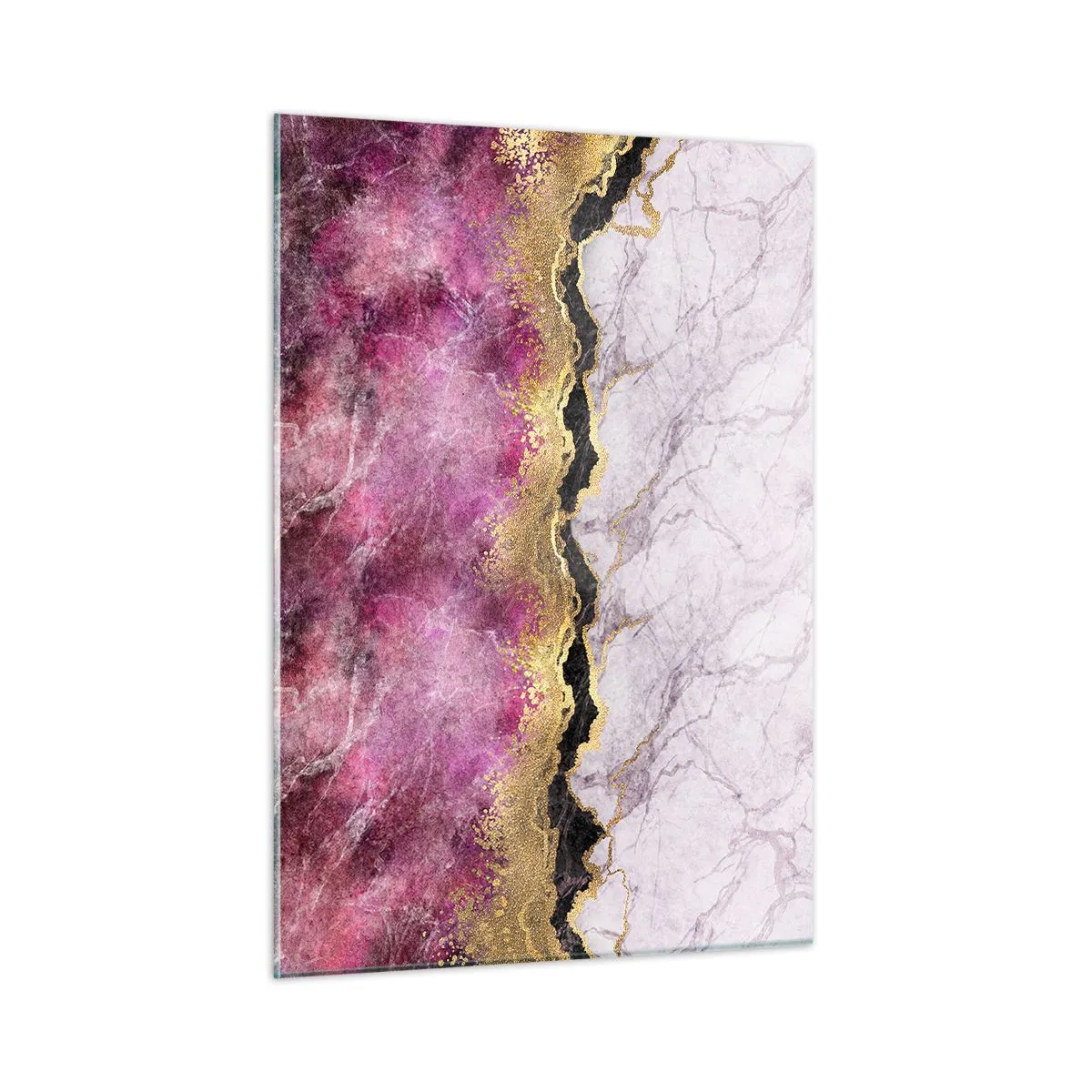 Cuadro sobre vidrio - Impresiones sobre Vidrio - Composición abstracta de mármol con acentos dorados y morados. - 50x70cm - En la frontera - Decoración de pared moderna para salón y dormitorio ARTTOR