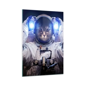 Cuadro sobre vidrio - Impresiones sobre Vidrio - Un gato en un traje de astronauta con la Tierra al fondo y una luz brillante. - 70x100cm - Houston, tienes un problema. - Decoración de pared moderna para salón y dormitorio ARTTOR