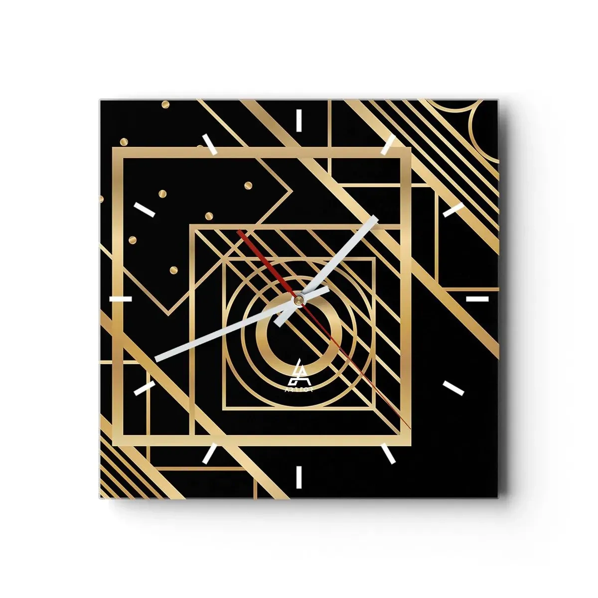 Reloj de pared - Reloj de vidrio - Patrones geométricos dorados sobre un fondo negro - 30x30cm - Geometría dorada - Decoración de pared moderna para salón y dormitorio ARTTOR