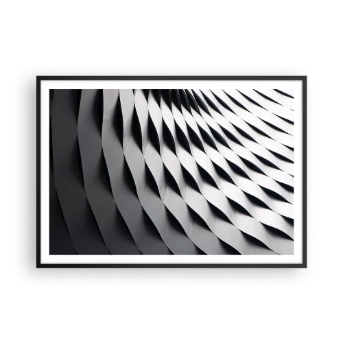 Póster en marco negro - Patrón geométrico abstracto en tonos blanco y negro. - 100x70cm - En la superficie de las ondas - Decoración de pared moderna para salón y dormitorio ARTTOR