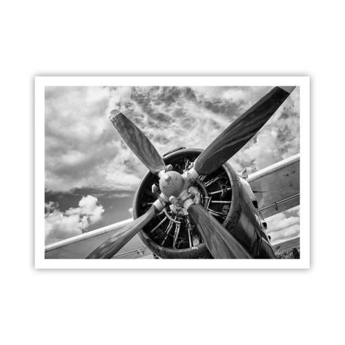 Póster - Una fotografía en blanco y negro de la hélice de un avión contra un cielo dinámico. - 100x70cm - Conquistador de los cielos - Decoración de pared moderna para salón y dormitorio ARTTOR