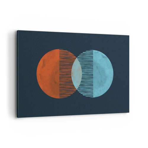 Cuadro sobre lienzo - Impresión de Imagen - Dos círculos naranjas y azules sobre un fondo oscuro. - 120x80cm - Fantasía astronómica - Decoración de pared moderna para salón y dormitorio ARTTOR