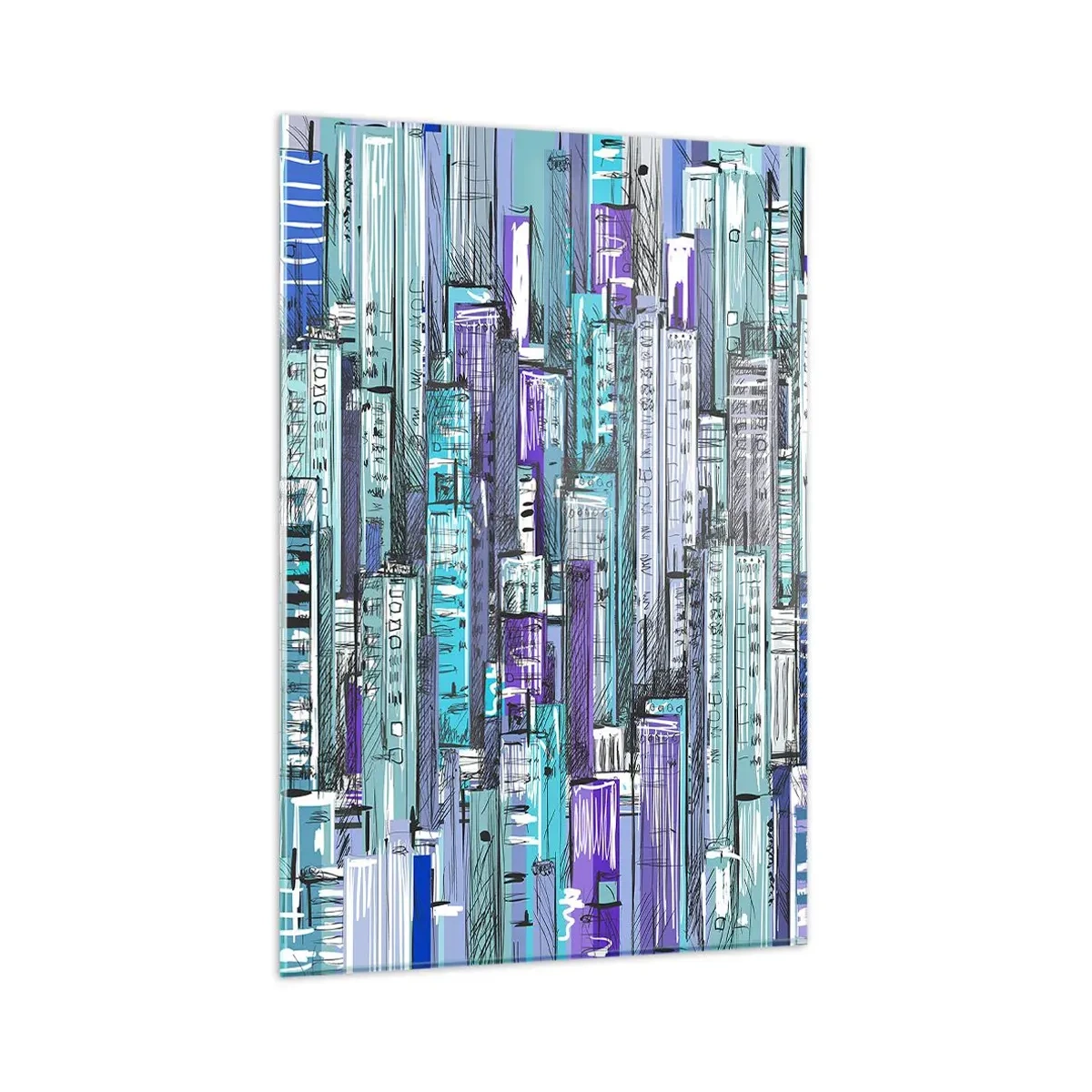 Cuadro sobre vidrio - Impresiones sobre Vidrio - Ilustración de una ciudad con edificios geométricos en tonos azules y morados. - 80x120cm - Azul del cielo - Decoración de pared moderna para salón y dormitorio ARTTOR