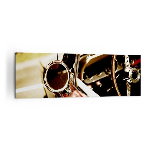 Cuadro sobre lienzo - Impresión de Imagen - Primer plano del espejo y el interior de un coche retro clásico. - 160x50cm - Un coche con alma - Decoración de pared moderna para salón y dormitorio ARTTOR