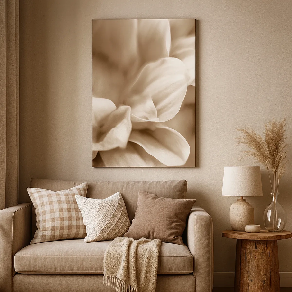 Cuadro sobre lienzo - Impresión de Imagen - Primer plano de flores en un delicado tono sepia con contornos suaves. - 50x70cm - Suave como una sonrisa - Decoración de pared moderna para salón y dormitorio ARTTOR