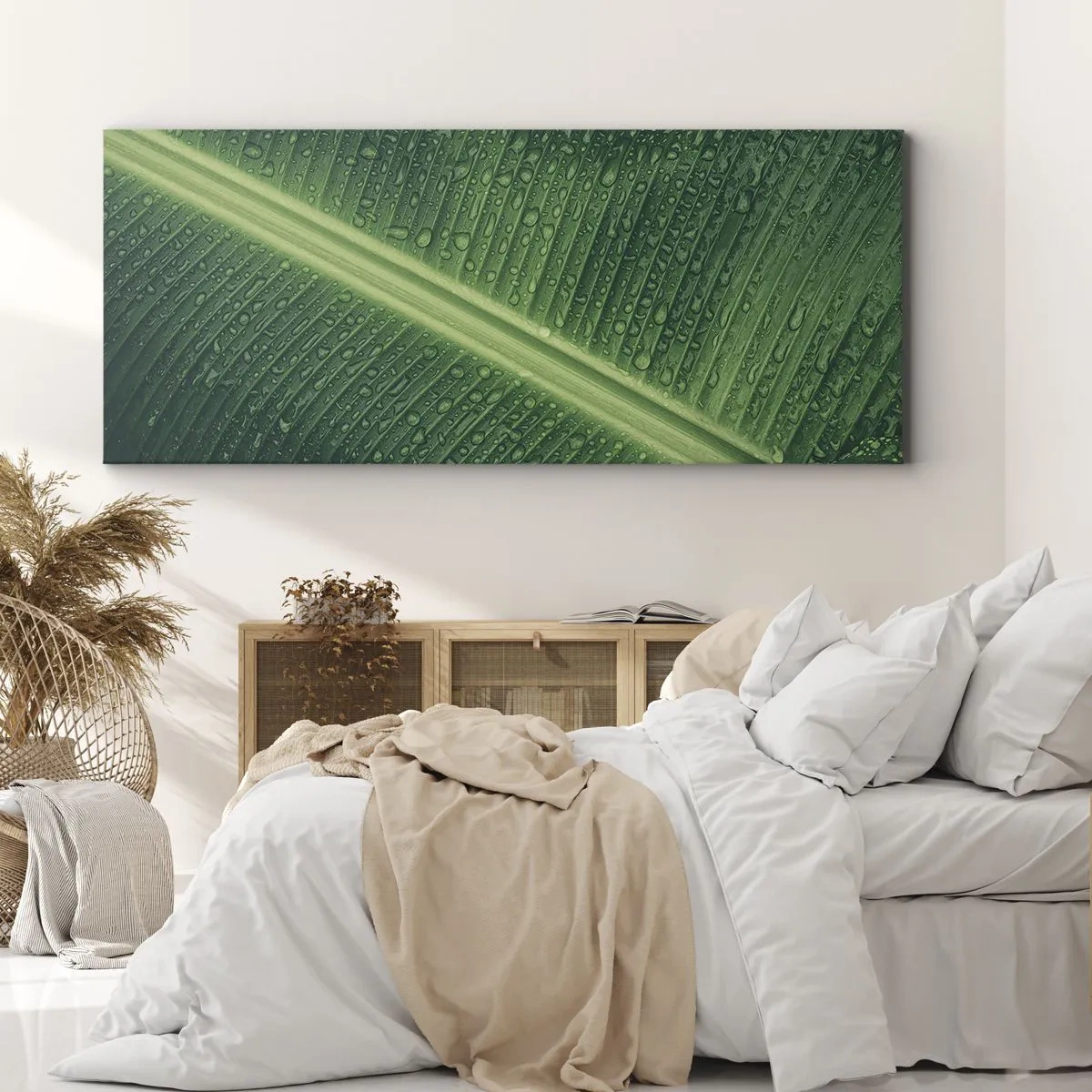 Cuadro sobre lienzo - Impresión de Imagen - Una hoja verde con gotas de agua en su superficie. - 120x50cm - Estructura del verde - Decoración de pared moderna para salón y dormitorio ARTTOR