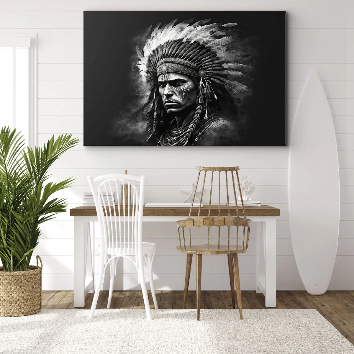 Cuadro sobre lienzo - Impresión de Imagen - Retrato de un jefe con un tocado de plumas sobre un fondo negro - 70x50cm - Líder y guerrero - Decoración de pared moderna para salón y dormitorio ARTTOR