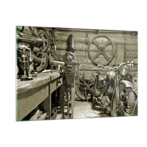 Cuadro sobre vidrio - Impresiones sobre Vidrio - Un taller con herramientas antiguas y una motocicleta vieja. - 120x80cm - En el trastero del abuelo - Decoración de pared moderna para salón y dormitorio ARTTOR