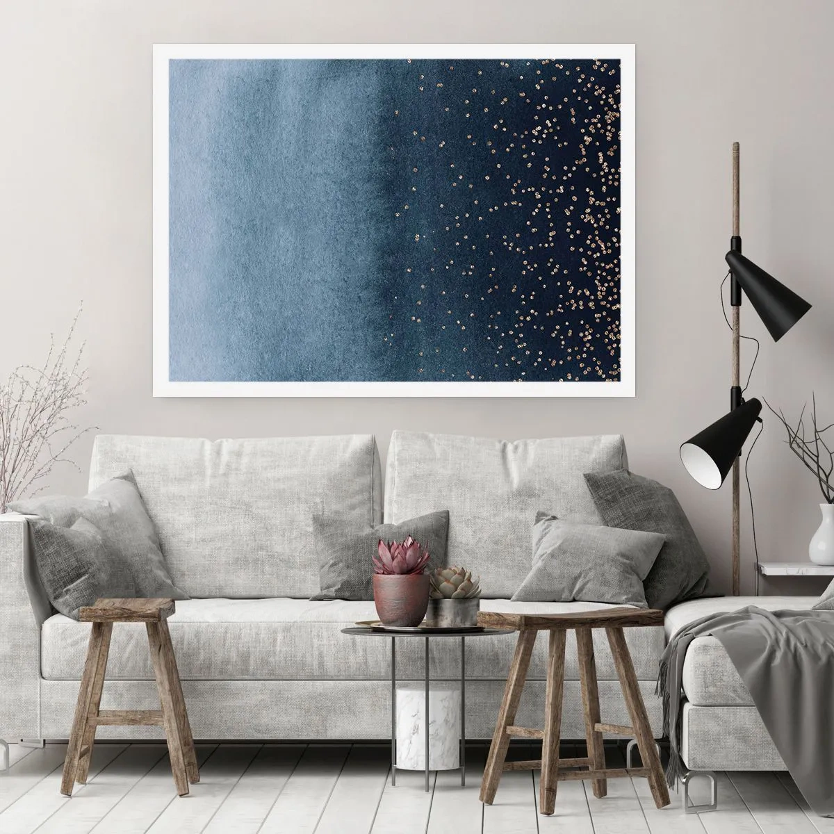 Póster - Degradados azules con sutiles acentos dorados - 100x70cm - Composición - fases azules - Decoración de pared moderna para salón y dormitorio ARTTOR