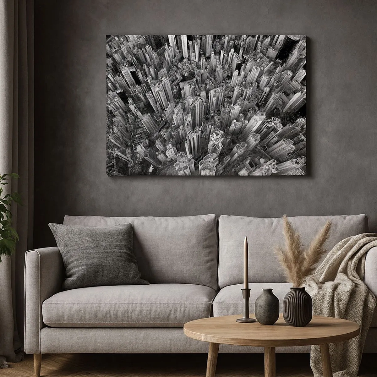 Cuadro sobre lienzo - Impresión de Imagen - Vista aérea de la ciudad en blanco y negro - 70x50cm - Cada vez más alto - Decoración de pared moderna para salón y dormitorio ARTTOR
