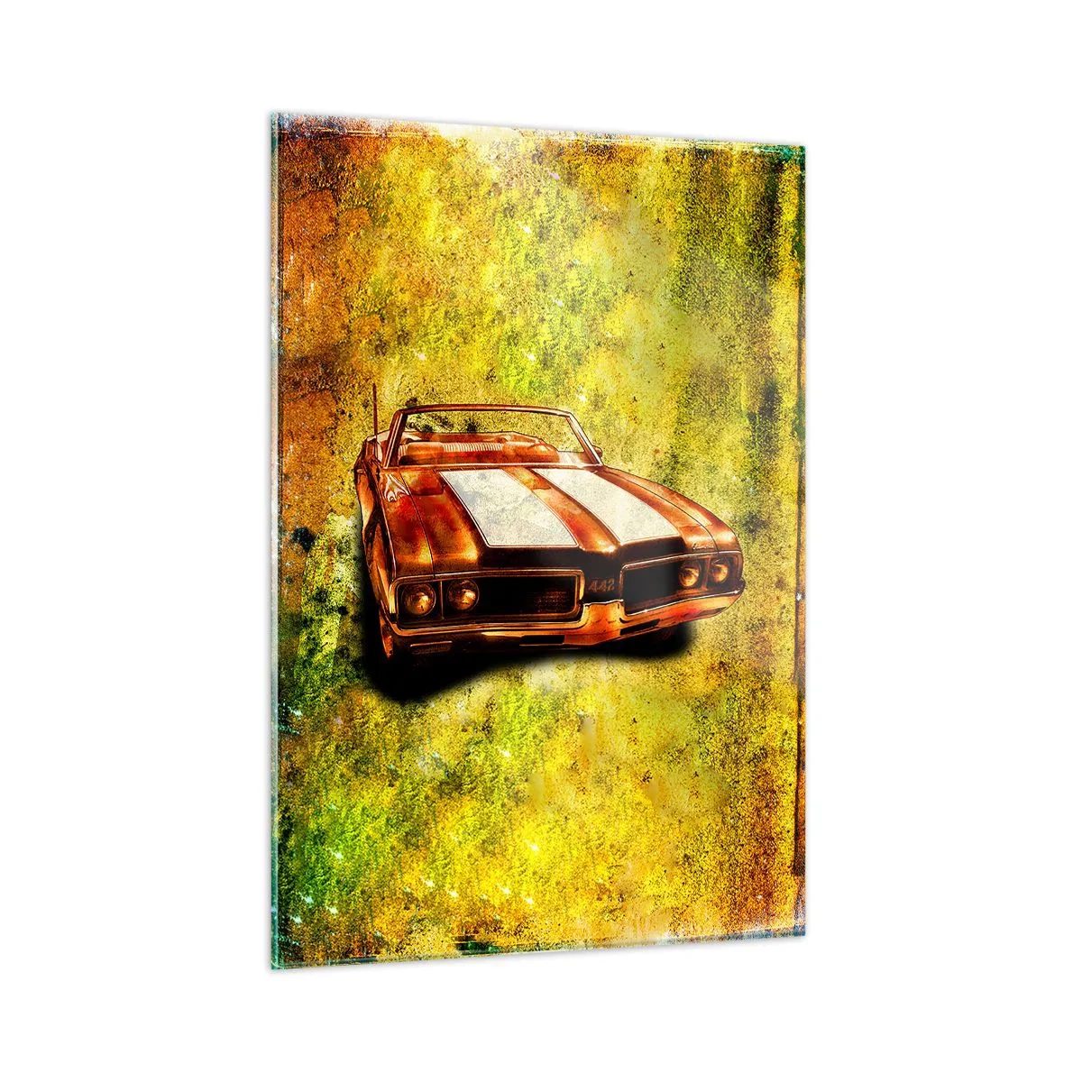 Cuadro sobre vidrio - Impresiones sobre Vidrio - Un descapotable deportivo clásico con un fondo artístico. - 50x70cm - Poder en las formas - Decoración de pared moderna para salón y dormitorio ARTTOR