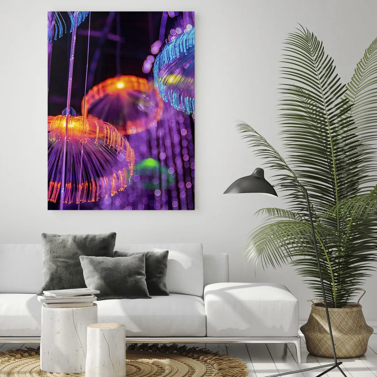 Cuadro sobre vidrio - Impresiones sobre Vidrio - Medusas luminosas y coloridas en un entorno oscuro. - 70x100cm - Fuente luminosa - Decoración de pared moderna para salón y dormitorio ARTTOR
