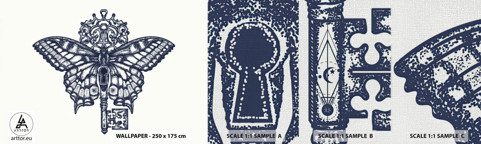 Muestra de fotomural Premium Canvas - Todos los secretos del corazón - Abstracción, Mariposa, Llave - 100x30 cm