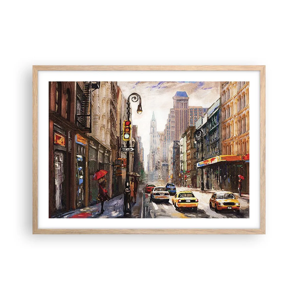 Póster en marco roble claro - Nueva York - también colorida bajo la lluvia - 70x50 cm