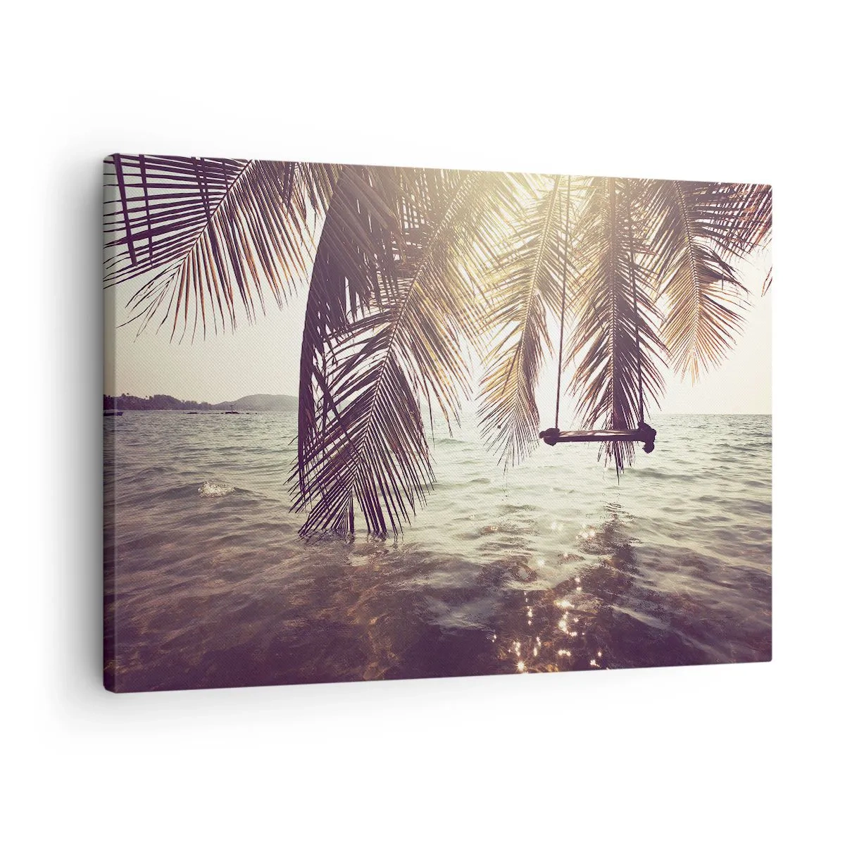 Cuadro sobre lienzo - Impresión de Imagen - Palmera con columpio sobre el agua bajo la luz del sol. - 70x50cm - Columpiar la imaginación - Decoración de pared moderna para salón y dormitorio ARTTOR