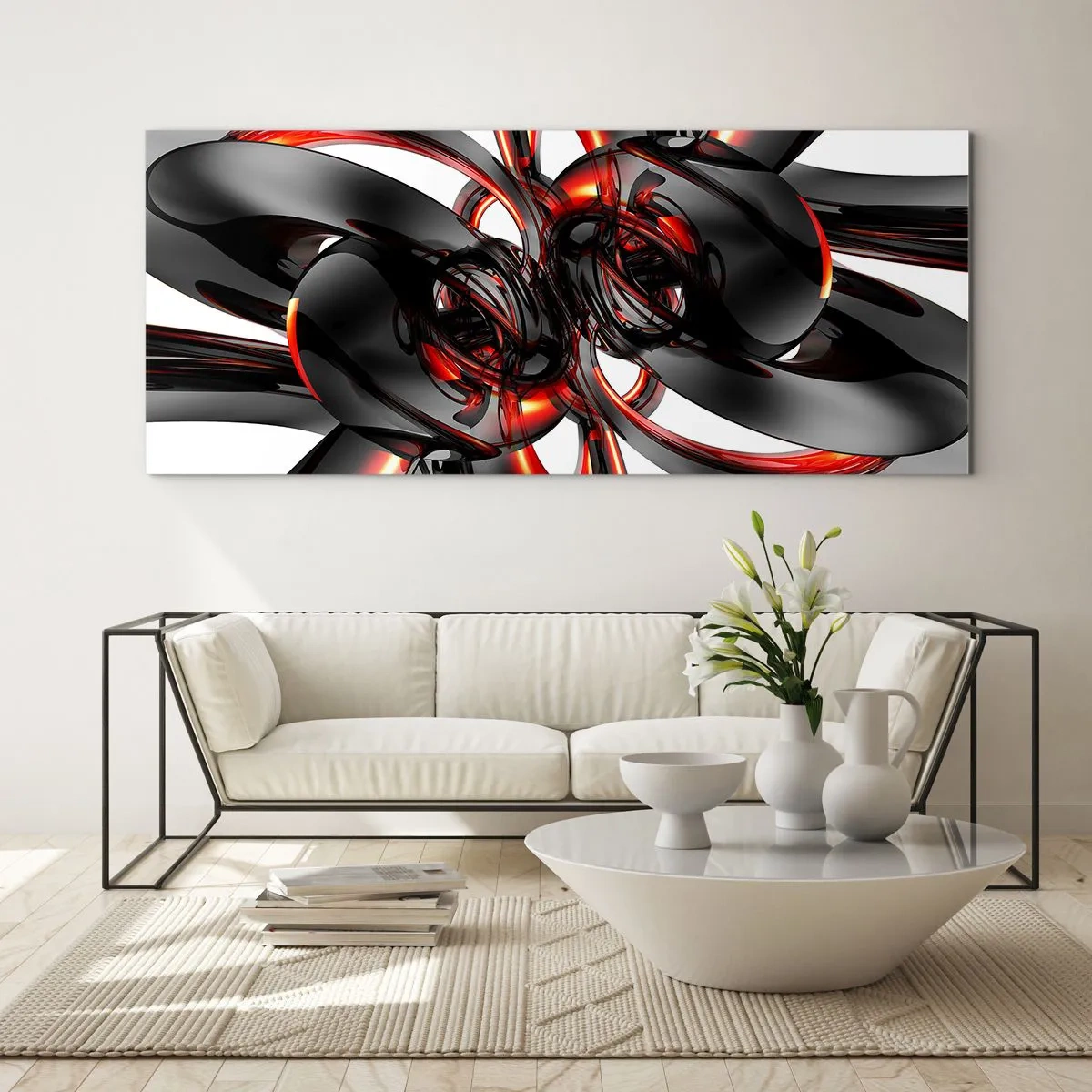 Cuadro sobre vidrio - Impresiones sobre Vidrio - Movimiento en grafito y rojo - 100x40 cm