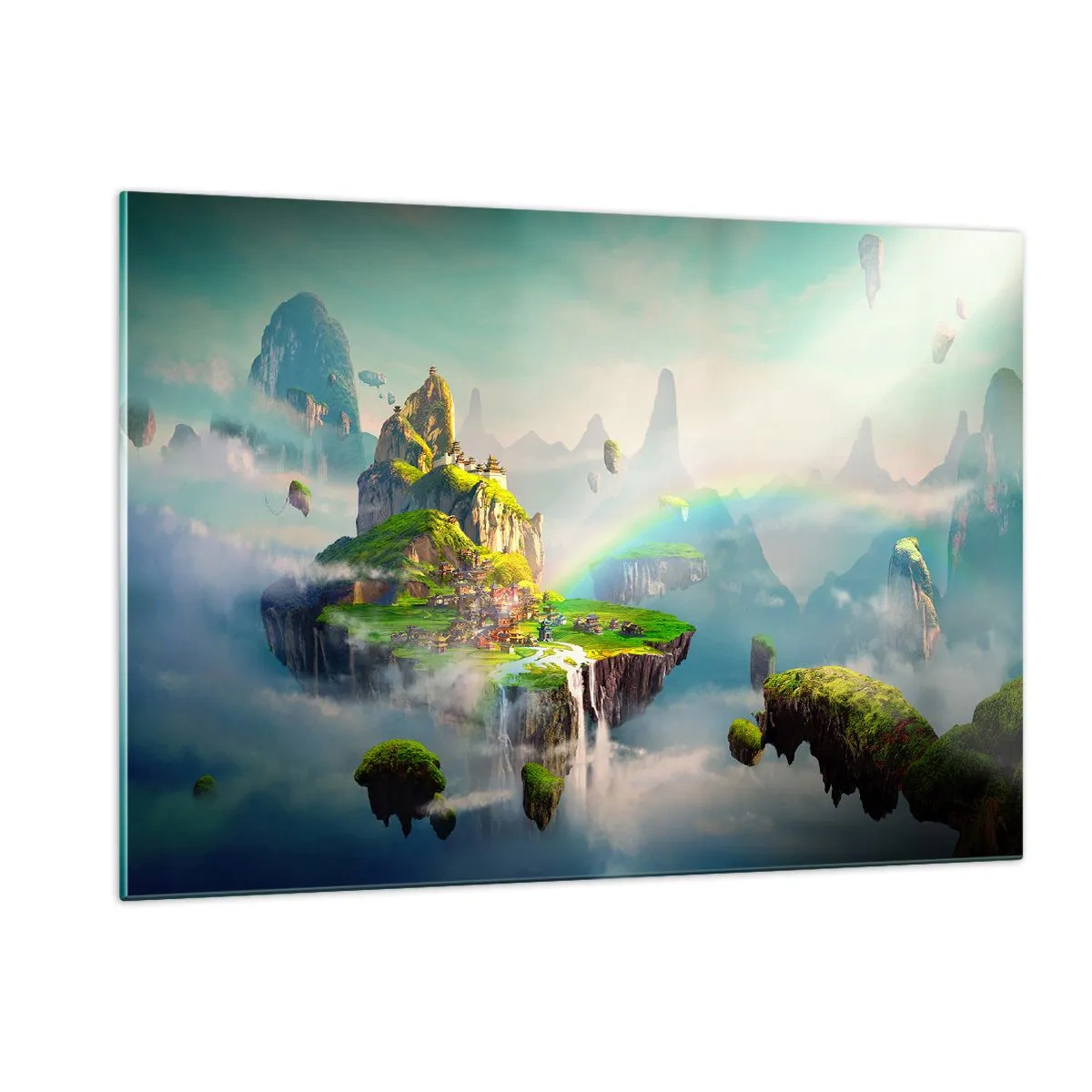 Cuadro sobre vidrio - Impresiones sobre Vidrio - Islas voladoras en las nubes con arcoíris y cascadas. - 120x80cm - El medio de la nada - islas flotantes - Decoración de pared moderna para salón y dormitorio ARTTOR