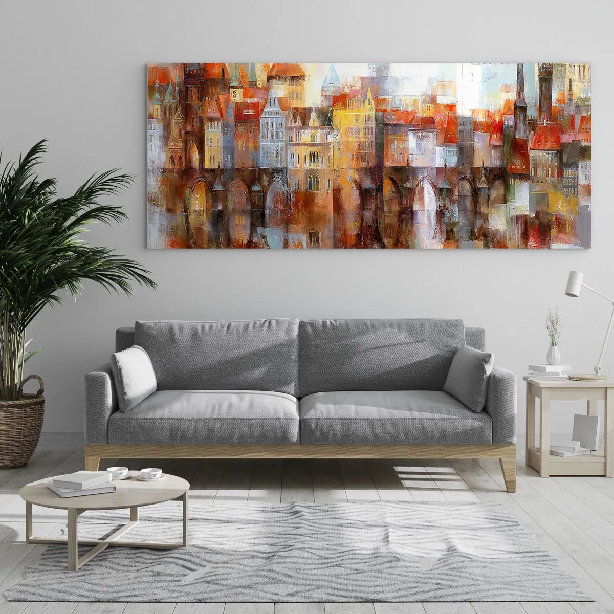 Cuadro sobre vidrio - Impresiones sobre Vidrio - Un pintoresco panorama de la ciudad con un puente en colores otoñales. - 120x50cm - Puente y ciudad - Decoración de pared moderna para salón y dormitorio ARTTOR