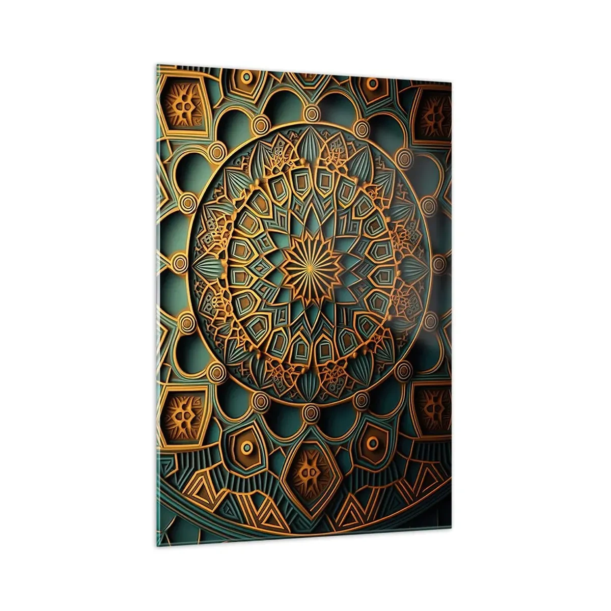 Cuadro sobre vidrio - Impresiones sobre Vidrio - Un mandala dorado sobre un fondo turquesa con ricos detalles. - 70x100cm - En un clima árabe - Decoración de pared moderna para salón y dormitorio ARTTOR