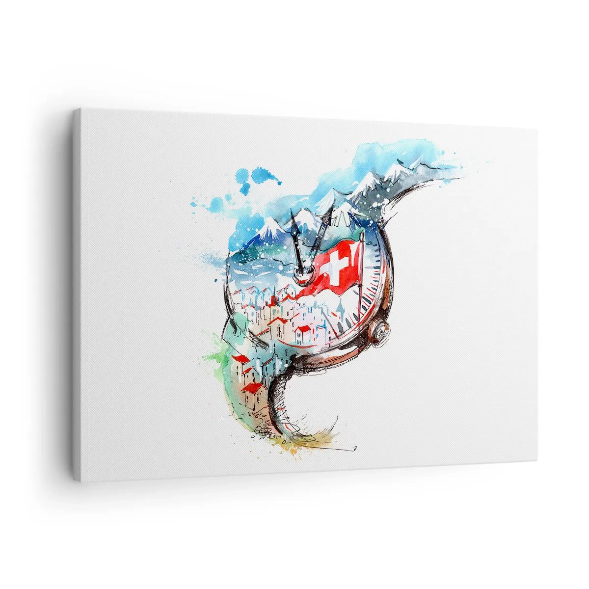 Cuadro sobre lienzo - Impresión de Imagen - Un paisaje de acuarela de Suiza con un diseño de relojería. - 70x50cm - El espíritu de Suiza - Decoración de pared moderna para salón y dormitorio ARTTOR