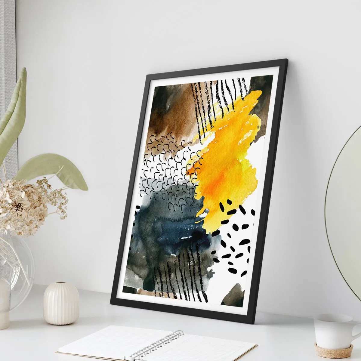 Póster en marco negro - Composición abstracta en tonos amarillo y negro. - 50x70cm - Reunión de los elementos - Decoración de pared moderna para salón y dormitorio ARTTOR