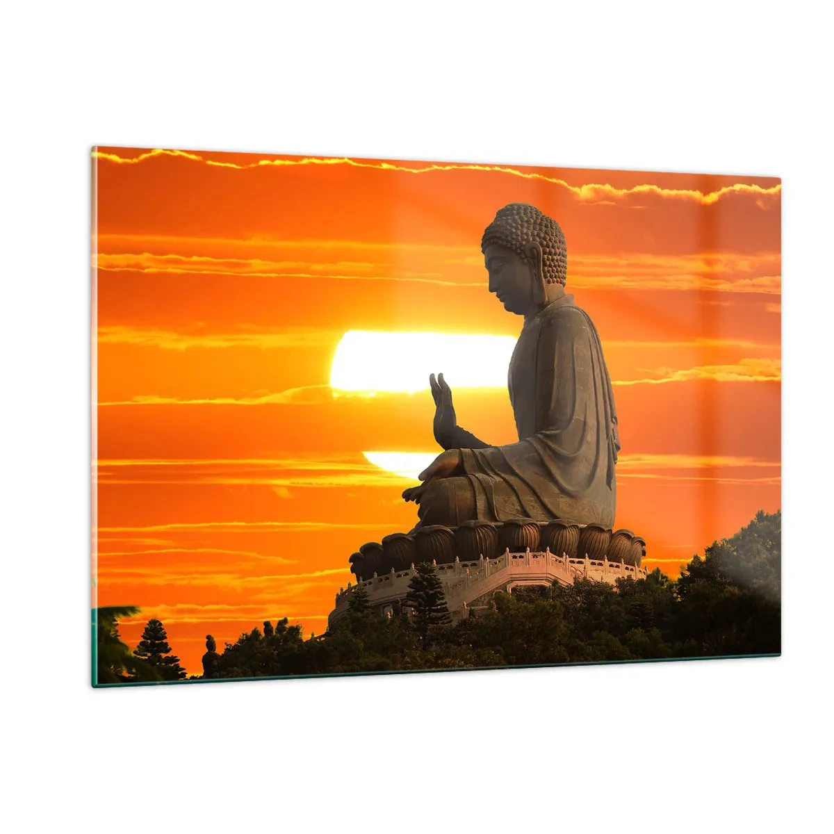 Cuadro sobre vidrio - Impresiones sobre Vidrio - Estatua de Buda con el sol poniente como telón de fondo - 120x80cm - Sin miedo al mundo - Decoración de pared moderna para salón y dormitorio ARTTOR