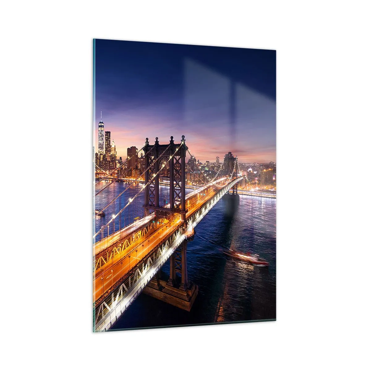 Cuadro sobre vidrio - Impresiones sobre Vidrio - El puente con el panorama nocturno de la ciudad y los rascacielos iluminados como telón de fondo. - 50x70cm - Un puente luminoso hacia el corazón de la ciudad - Decoración de pared moderna para salón y dorm