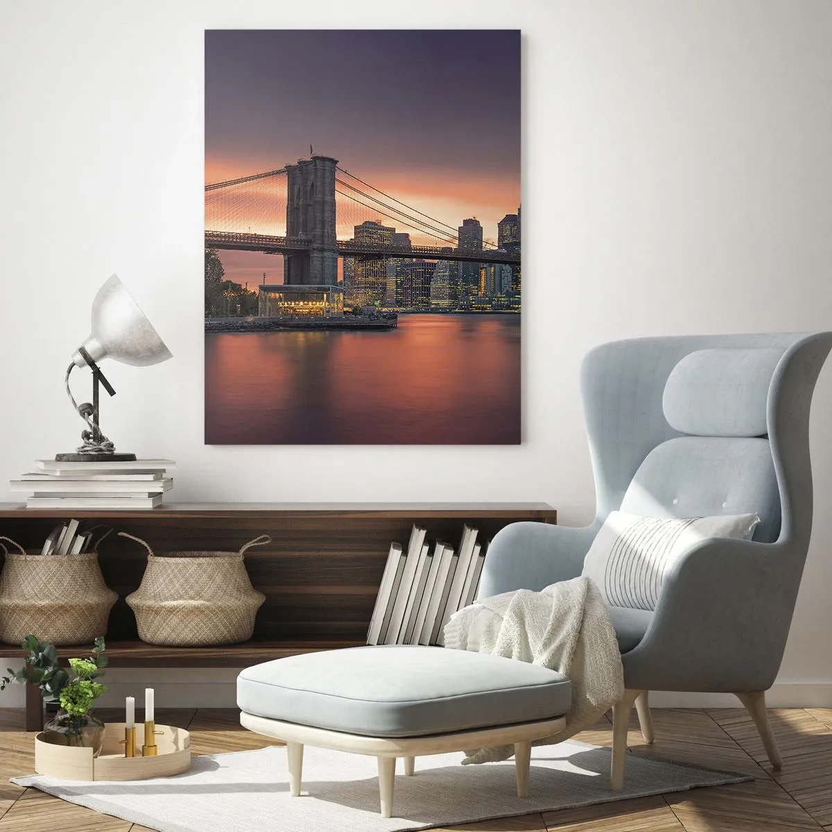 Cuadro sobre vidrio - Impresiones sobre Vidrio - Puente de Brooklyn al atardecer - 50x70cm - Ahogado en el silencio lila - Decoración de pared moderna para salón y dormitorio ARTTOR