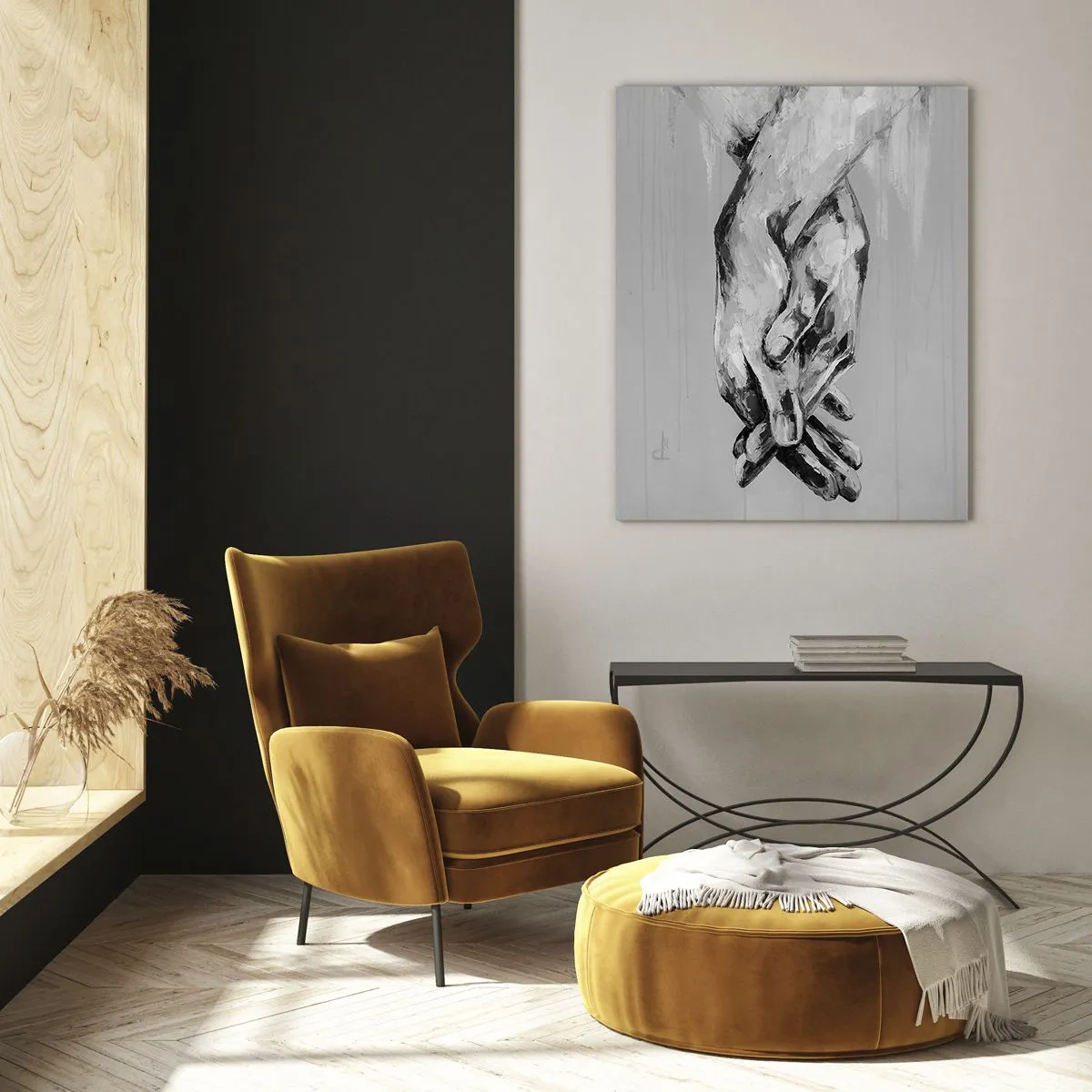 Cuadro sobre vidrio - Impresiones sobre Vidrio - Pintura en blanco y negro de dos manos que se extienden una hacia la otra. - 50x70cm - El comienzo... - Decoración de pared moderna para salón y dormitorio ARTTOR