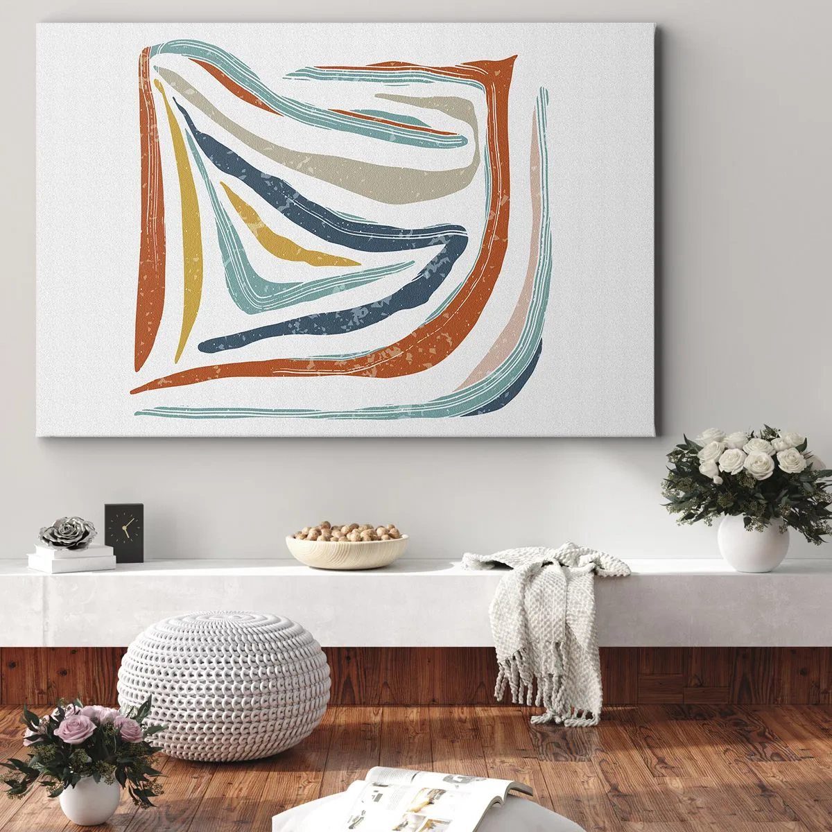 Cuadro sobre lienzo - Impresión de Imagen - Líneas coloridas y dinámicas en tonos azul, naranja y beige. - 100x70cm - Abstracción sonriente y amistosa - Decoración de pared moderna para salón y dormitorio ARTTOR