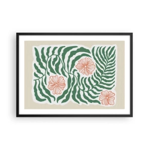 Póster en marco negro - Un motivo minimalista de hojas verdes con flores en tonos naranjas. - 70x50cm - Florecido en verde - Decoración de pared moderna para salón y dormitorio ARTTOR
