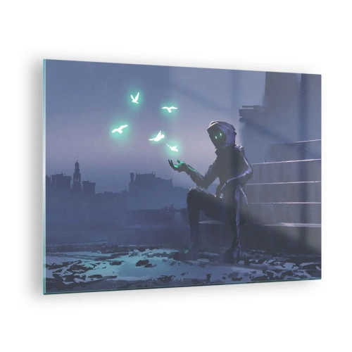Cuadro sobre vidrio - Impresiones sobre Vidrio - Una figura en la oscuridad rodeada de pájaros verdes flotantes. - 70x50cm - La vida volverá - Decoración de pared moderna para salón y dormitorio ARTTOR