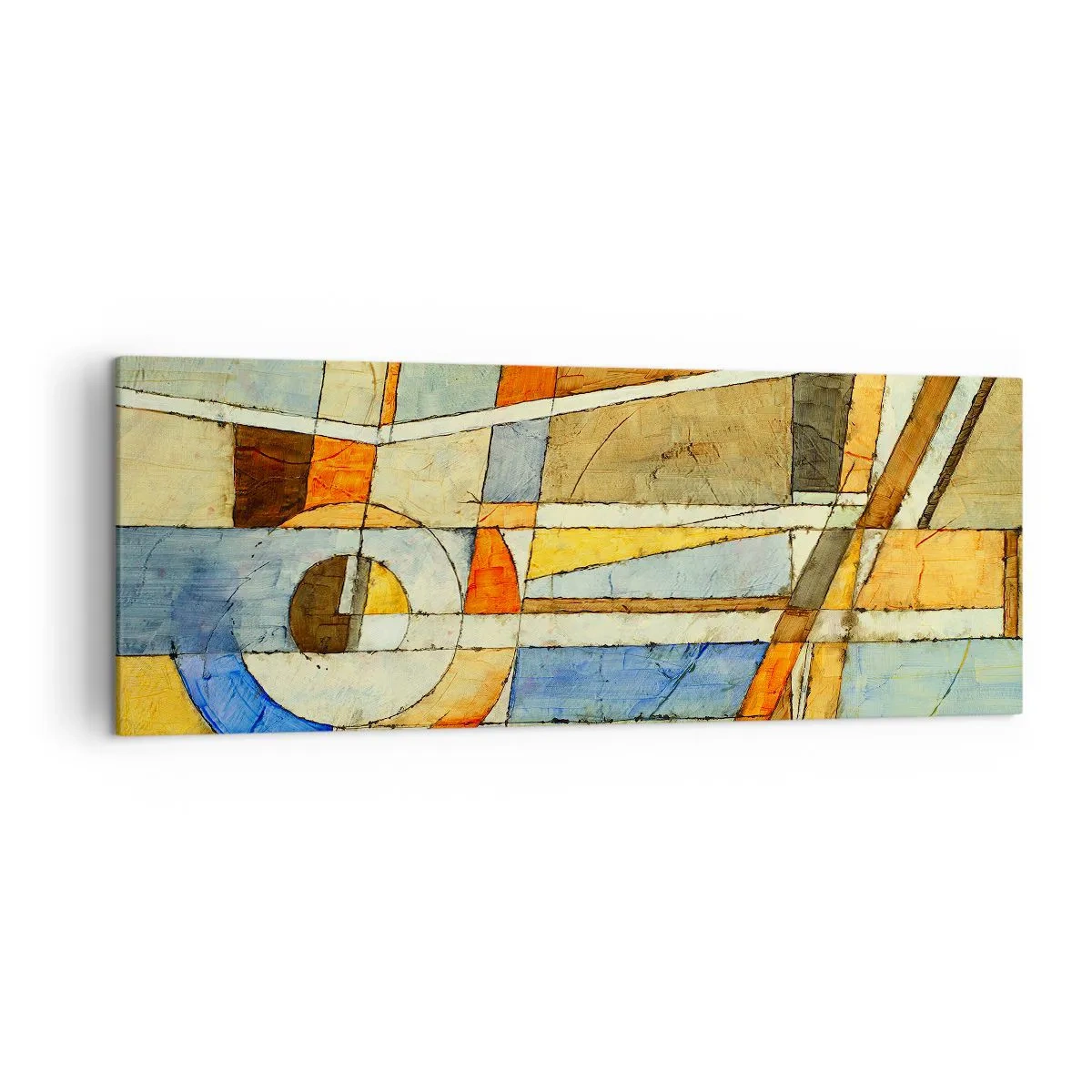 Cuadro sobre lienzo - Impresión de Imagen - Abstracción geométrica en tonos beige, azul y naranja. - 140x50cm - Cubismo en una obra - Decoración de pared moderna para salón y dormitorio ARTTOR