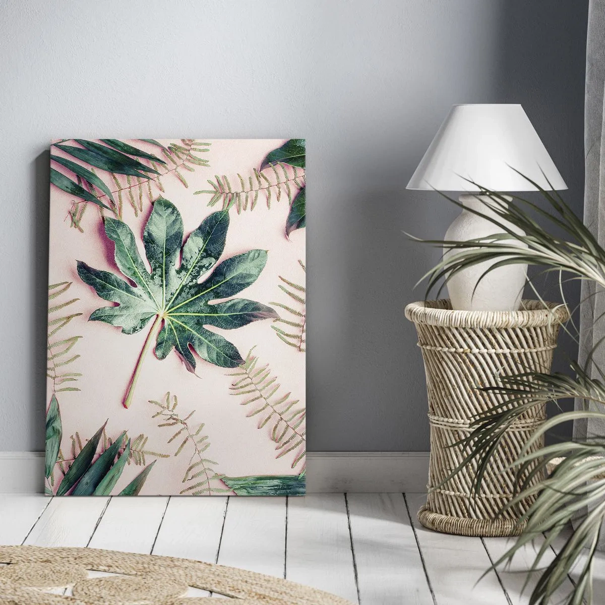 Cuadro sobre lienzo - Impresión de Imagen - Hojas tropicales sobre un fondo pastel claro. - 50x70cm - Estudio de vegetación sobre fondo rosa - Decoración de pared moderna para salón y dormitorio ARTTOR