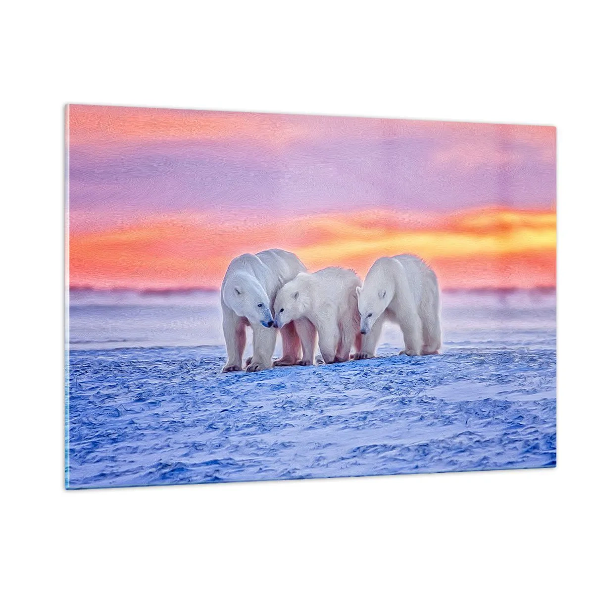 Cuadro sobre vidrio - Impresiones sobre Vidrio - Tres osos polares sobre un fondo nevado al atardecer - 120x80cm - Todo lo que necesitas es el calor de la familia - Decoración de pared moderna para salón y dormitorio ARTTOR