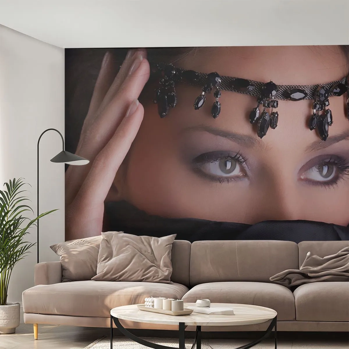 Fotomural Standard Eco - Una mujer con un velo negro y joyas decorativas en la frente. - 100x70cm - Tentador misterio oriental - Decoración de pared moderna para salón y dormitorio ARTTOR