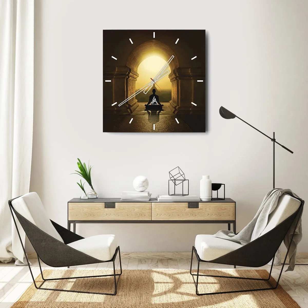 Reloj de pared - Reloj de vidrio - Silueta de una persona meditando a la luz del sol poniente. - 30x30cm - Armonía total - Decoración de pared moderna para salón y dormitorio ARTTOR