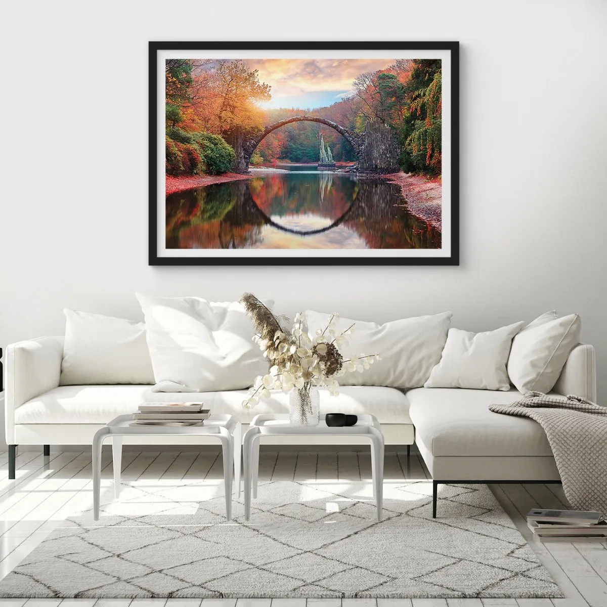 Póster en marco negro - Un puente de piedra en un paisaje otoñal sobre aguas tranquilas. - 70x50cm - Al otro lado del espejo - Decoración de pared moderna para salón y dormitorio ARTTOR