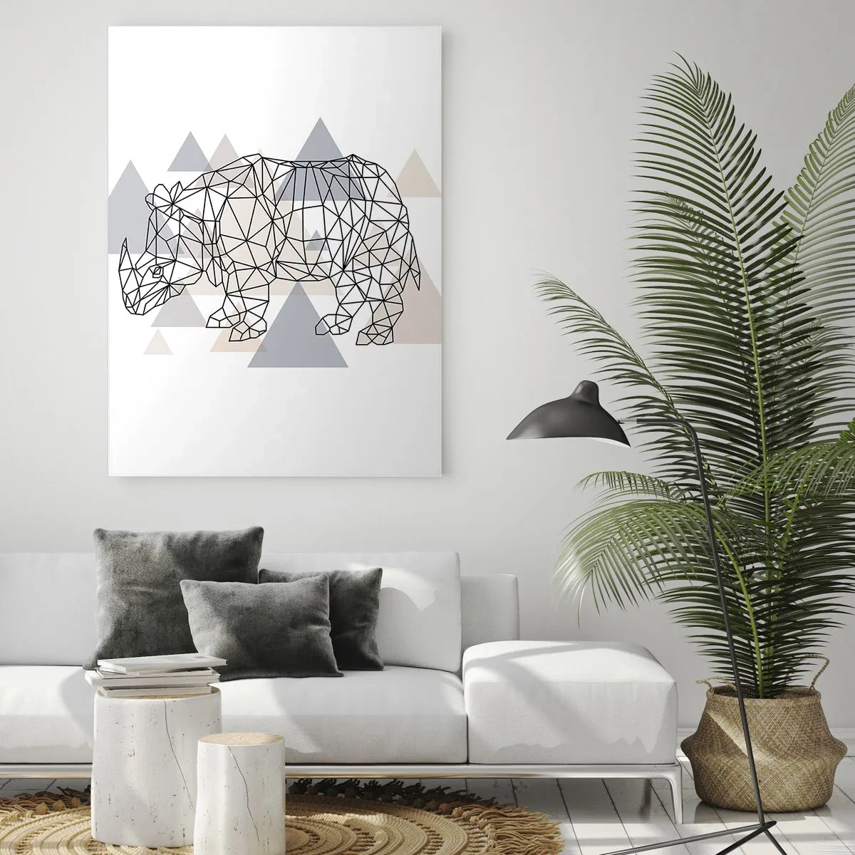Cuadro sobre vidrio - Impresiones sobre Vidrio - Rinoceronte geométrico sobre un fondo de delicados triángulos. - 70x100cm - Estructura de la fuerza - Decoración de pared moderna para salón y dormitorio ARTTOR