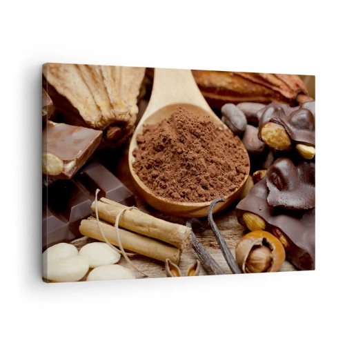 Cuadro sobre lienzo - Impresión de Imagen - Una cucharada de ingredientes de cacao y chocolate en un arreglo rústico. - 70x50cm - Lo mejor para las penas - Decoración de pared moderna para salón y dormitorio ARTTOR