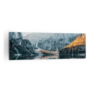 Cuadro sobre lienzo - Impresión de Imagen - Un paisaje de montaña reflejado en la tranquila superficie de un lago. - 160x50cm - Paisaje en el espejo - Decoración de pared moderna para salón y dormitorio ARTTOR