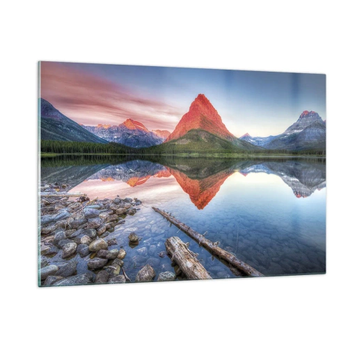 Cuadro sobre vidrio - Impresiones sobre Vidrio - Un pico de montaña reflejado en un lago tranquilo. - 120x80cm - Cálido y frío - Decoración de pared moderna para salón y dormitorio ARTTOR