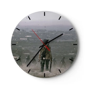 Reloj de pared - Reloj de vidrio - Una figura con una pistola en el contexto de una ciudad y una niebla misteriosa. - 30x30cm - Soy leyenda - Decoración de pared moderna para salón, cocina y dormitorio ARTTOR