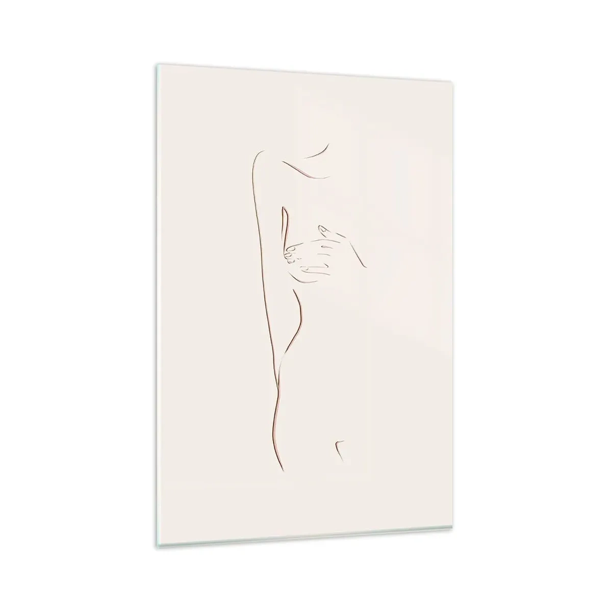 Cuadro sobre vidrio - Impresiones sobre Vidrio - Un dibujo lineal sutil de una silueta sobre un fondo claro. - 80x120cm - La forma del deseo - Decoración de pared moderna para salón y dormitorio ARTTOR