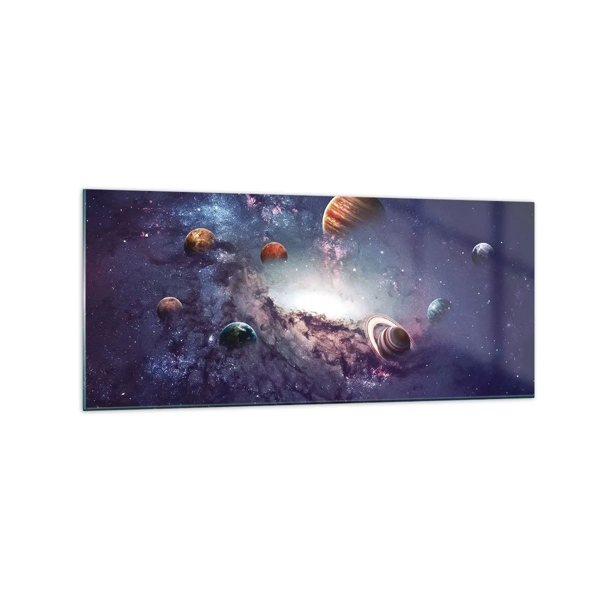 Cuadro sobre vidrio - Impresiones sobre Vidrio - Planetas en una galaxia con una nebulosa al fondo - 120x50cm - La danza alrededor del Sol - Decoración de pared moderna para salón y dormitorio ARTTOR