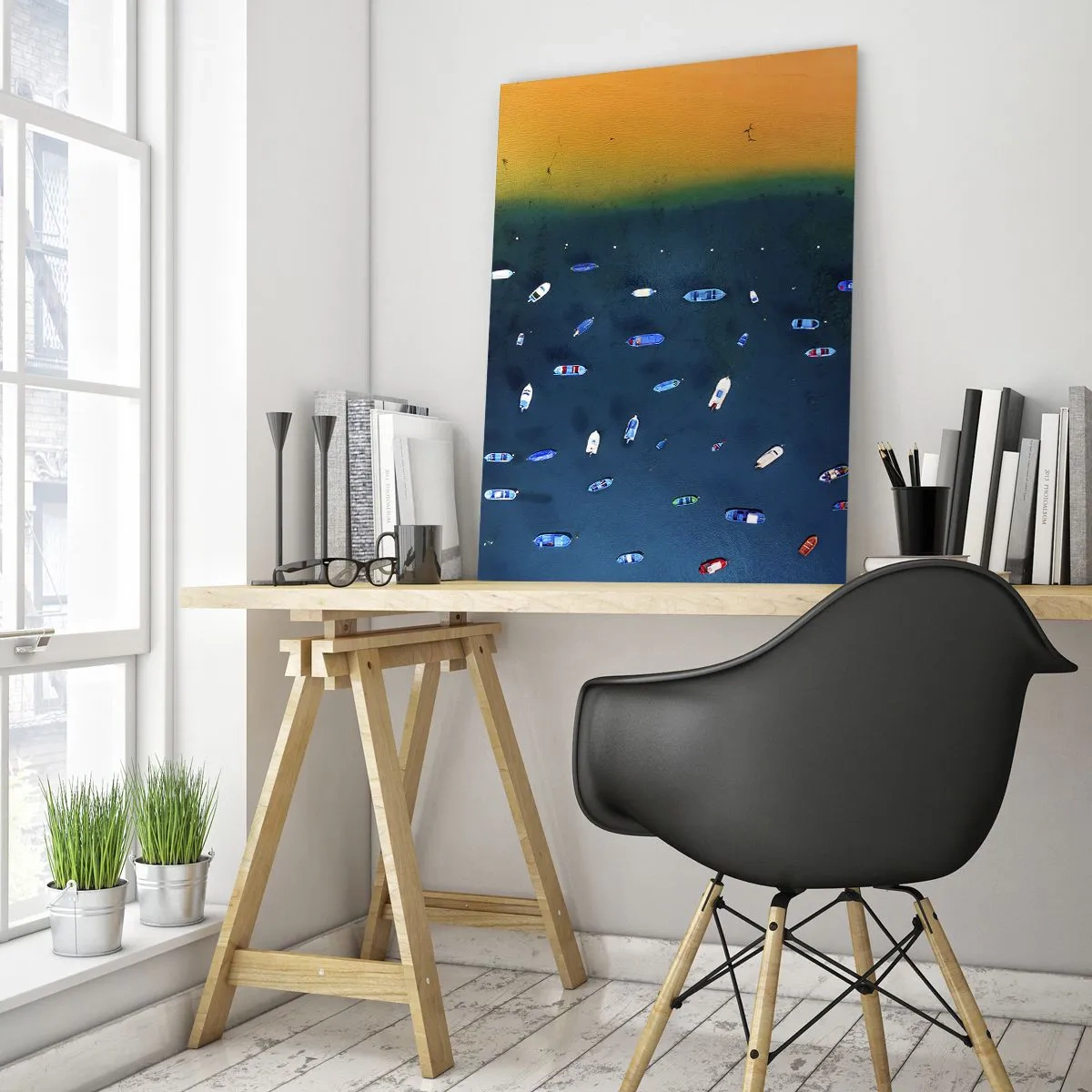 Cuadro sobre vidrio - Impresiones sobre Vidrio - Barcos con el telón de fondo de agua turquesa y una costa dorada. - 50x70cm - Un juego de vacaciones - Decoración de pared moderna para salón y dormitorio ARTTOR