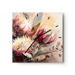 Reloj de pared - Reloj de vidrio - Flores de protea en delicados tonos pastel. - 30x30cm - De perfil y de frente - Decoración de pared moderna para salón y dormitorio ARTTOR