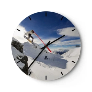 Reloj de pared - Reloj de vidrio - Snowboarder en acción con montañas al fondo - 30x30cm - Libertad sin fronteras - Decoración de pared moderna para salón, cocina y dormitorio ARTTOR
