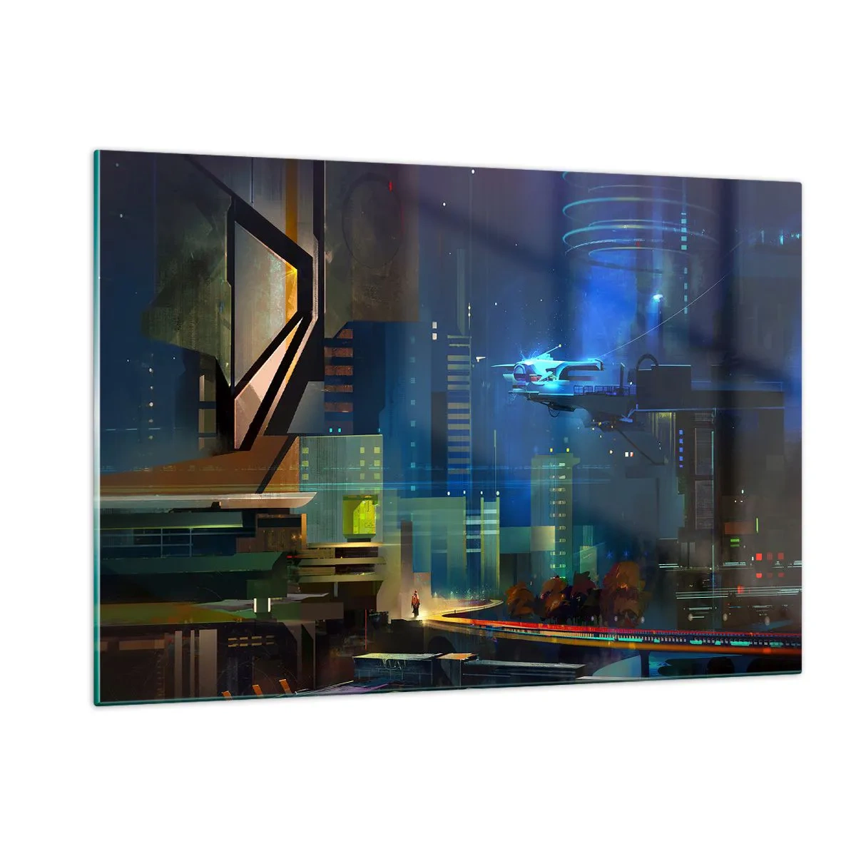 Cuadro sobre vidrio - Impresiones sobre Vidrio - Ciudad futurista de noche con luces de neón y un vehículo volador. - 120x80cm - En un futuro próximo - Decoración de pared moderna para salón y dormitorio ARTTOR